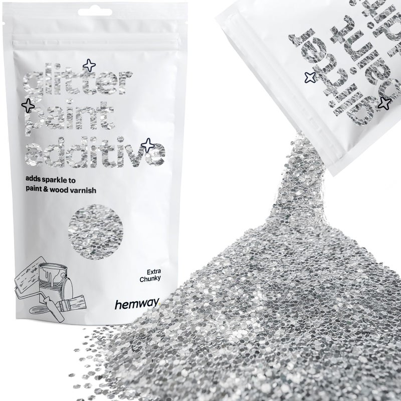 Hemway Glitter Paint Additive Crystals for Acrylic Emulsion Paint, Interior & Exterior Walls, Wood, Varnish, Matt, Gloss, Furniture 100g / 3.5oz - Extra Chunky (1/24"" 0.040"" 1mm) - Silver - Image 1